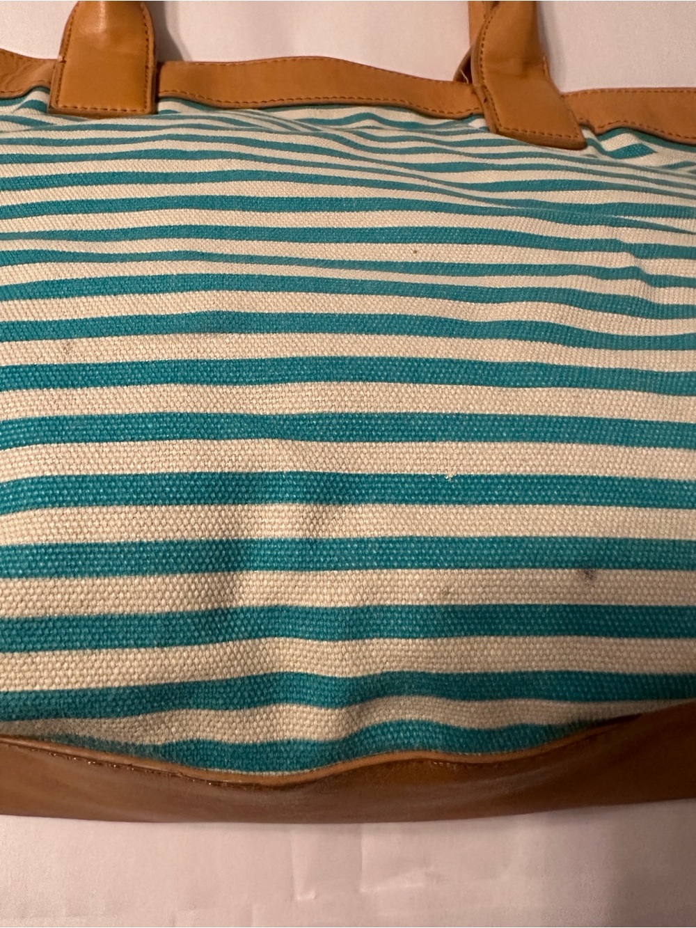 Tory Burch Teal and Cream Striped Canvas Small Sophia Tote with Tan Leather Trim - Picture 12 of 16